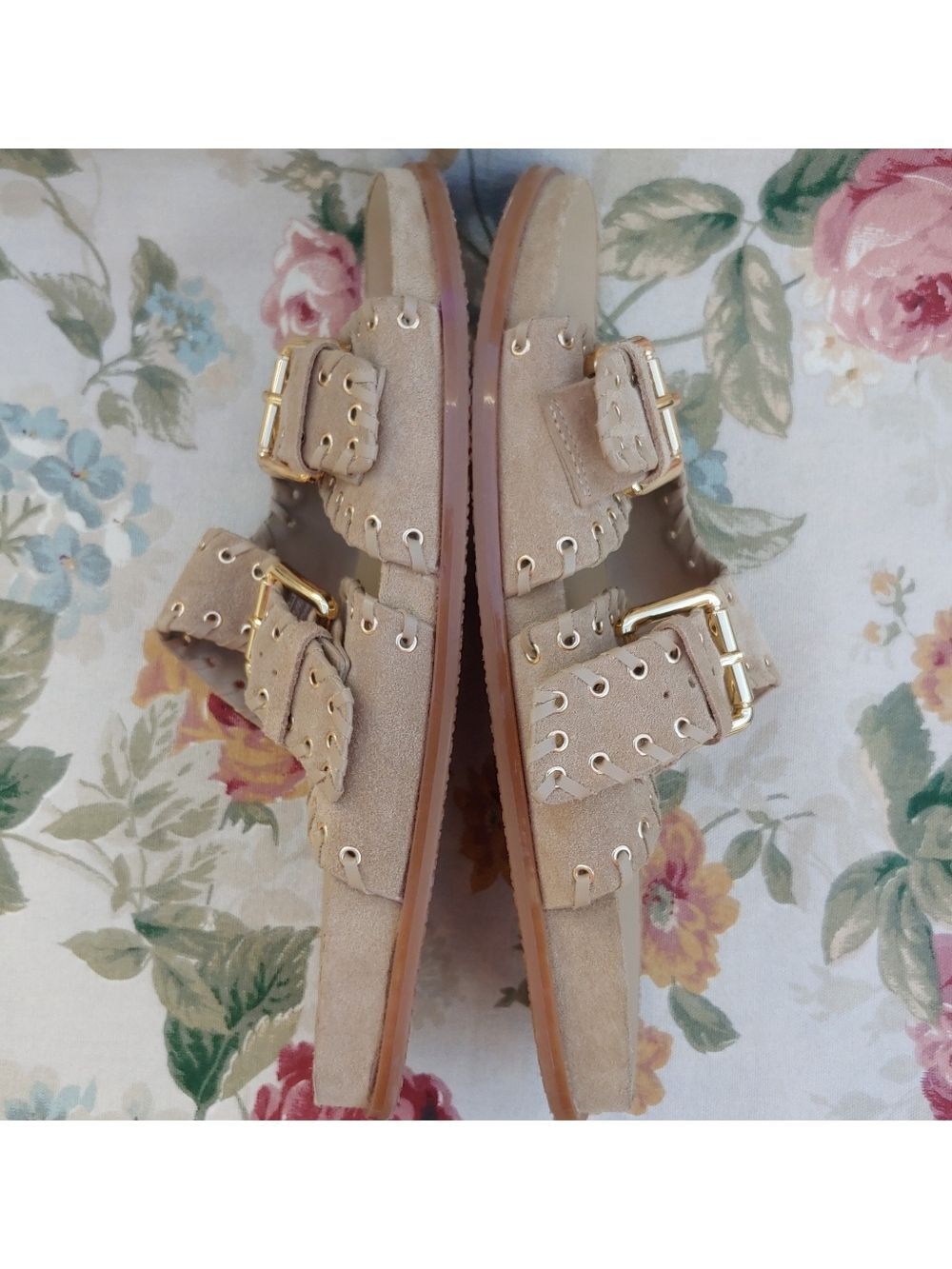 Zara Tan Suede Double Strap Slide Sandals with Gromets Women's size US 11 Euro 4 - Picture 5 of 17